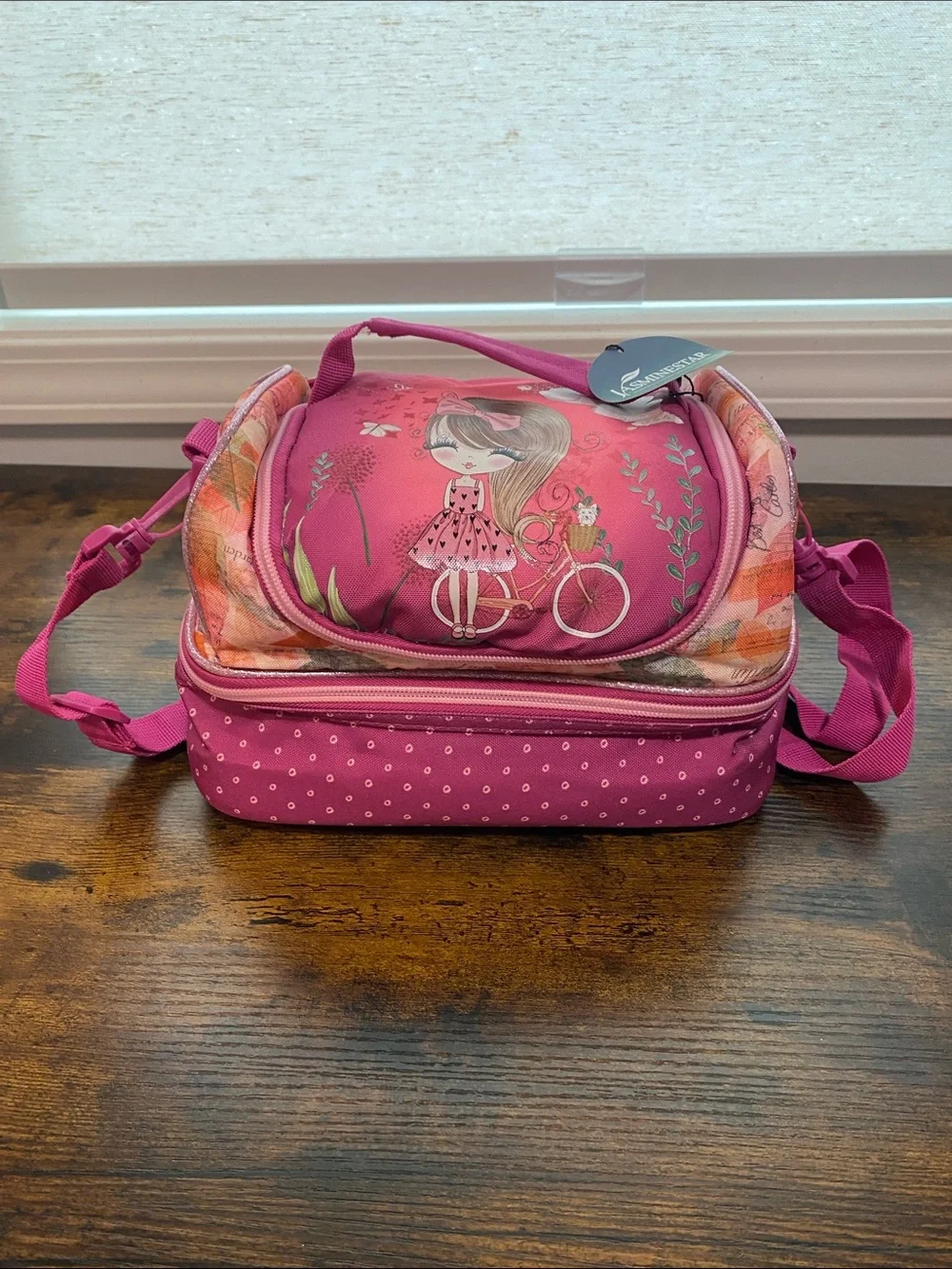 Pink Girls' Insulated Lunch Tote with Bicycle Girl Print Pink NWT